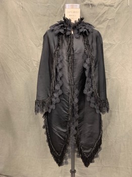 N/L, Black, Silk, Solid, Capelet Over Long Attached Vest, Lace and Fringe Trim, 3 Hook & Eye Front, Layered Lace Ruffle Collar, Pointed Hem Front, Pleated Horizontally Across Capelet Back, Pleated Vertically at Vest Back,