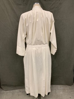 BEAU VESTE, Off White, Cotton, Solid, Zip Front, Band Collar with Velcro Closure, Gathered at Neck, Side Seam Slits for Pocket Access, Floor Length Hem, Attached Self Front Belt with Velcro Closure, Pleated at Back Waistband