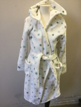 PJ SALVAGE, White, Gray, Lt Pink, Lavender Purple, Polyester, Stars, Plush Fleece, Long Sleeves, Hooded, Open at Center Front, Elastic Waist in Back, Self Ties Attached at Waist, 2 Patch Pockets