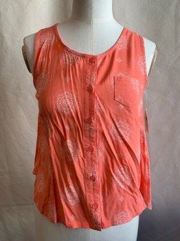 TUCKER & TATE, Coral Orange, White, Rayon, Medallion Pattern, Coral with White Dotted Medallions, Button Front, Sleeveless, Scoop Neck, Gathered at Back Yoke, High-Low Hem Scallopped at Side Seams, 1 Pocket