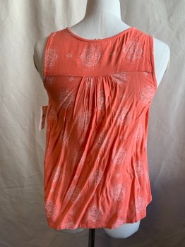 TUCKER & TATE, Coral Orange, White, Rayon, Medallion Pattern, Coral with White Dotted Medallions, Button Front, Sleeveless, Scoop Neck, Gathered at Back Yoke, High-Low Hem Scallopped at Side Seams, 1 Pocket