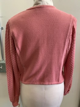 GEIGER, Pink, Cotton, Solid, Cardigan, Textured Body with Lace Knit Sleeves & Under Arm Area, Long Sleeves, Crew Neck, Pewter Floral Buttons