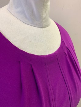ANNE KLEIN, Purple, Polyester, Elastane, Solid, Jersey Knit, Scoop Neck, A-Line, Curved Seams at Waist, Small Pleats at Neckline, Knee Length, Invisible Zipper in Back