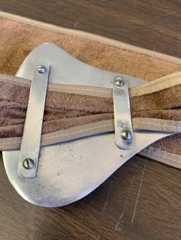 N/L, Taupe, Silver, Leather, Metallic/Metal, Solid, 3" Wide Taupe Leather That Gets Thinner at Ends, Oversized Silver Metal Chunky Buckle in Wavy Organic Shape,