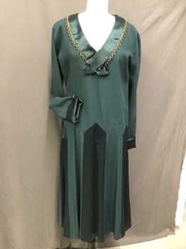 N/L, Green, Synthetic, Solid, (Matte and Shiny), Wide V-neck Collar Attached W/sheer Black Lace, Gold Zigzag & Chain Link Trim, Long Sleeves Rolled Over, Godets, Pullover,
