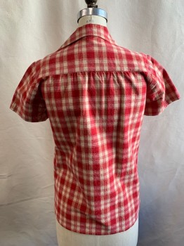 N/L, Red, Sand, Cotton, Plaid, Pullover, Collar Attached, Open 1/4 Front Placket, 1 Patch Pocket, Short Sleeves, Multiple