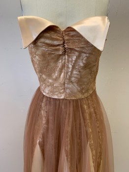 NL, Brown, Nylon, Strapless, Fold Over Beige Flaps Over Bust, Lace Bodice, Brown Tulle Over Skirt, Beige Under Skirt with Lace Triangle Sections, A-Line, Tea Length, Zip Side