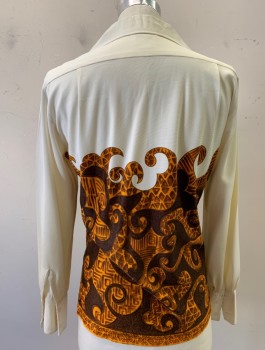 KEONE, Cream, Black, Goldenrod Yellow, Brown, Polyester, Abstract , Cream Shoulders with Swirled Pattern Below, L/S, B.F., V-Neck Opening with Dagger Collar, 1 Welt Pocket