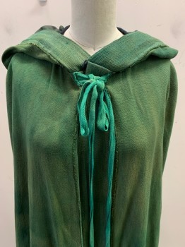 N/L, Green, Olive Green, Cotton, Mottled, Hood, Cape Ties and Neck Tie, Raw Edge Hem,