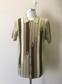 DA VINCI, Khaki Brown, Brown, Cream, Acrylic, Stripes, Geometric, Acrylic Knit. Vertical Stripe and Diamond Pattern Front, Solid Back, Button Front, Collar Attached, Short Sleeves, Multiples