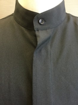 EDWARDS, Black, Polyester, Solid, Black, Stand Collar Attached, Hidden Button Front, Long Sleeves, Curve Hem