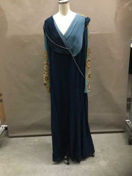 COSPROP, Dk Blue, Lt Blue, Gold, Polyester, Beaded, Abstract , Polka Dots, Dark Blue Self Swirled Crepe Body, Lt Blue W/Gold Metallic Dots Sleeves/Pleated V-neck, Gold Beading + Sequined Circles On Sleeves, Dark Gray Beaded String Attached At Bust, Bias Cut, Made To Order Reproduction