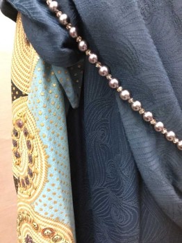 COSPROP, Dk Blue, Lt Blue, Gold, Polyester, Beaded, Abstract , Polka Dots, Dark Blue Self Swirled Crepe Body, Lt Blue W/Gold Metallic Dots Sleeves/Pleated V-neck, Gold Beading + Sequined Circles On Sleeves, Dark Gray Beaded String Attached At Bust, Bias Cut, Made To Order Reproduction