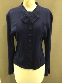 N/L, Navy Blue, Wool, Solid, Knit, Long Sleeves, Self Fabric Covered Buttons, Self Ties At Neck, 2 Decorative Welt Pockets At Hips, Rectangular Decorative Knit Texture On Each Side, Made To Order Reproduction, Cardigan **Has a Double