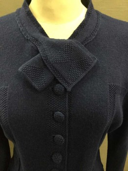 N/L, Navy Blue, Wool, Solid, Knit, Long Sleeves, Self Fabric Covered Buttons, Self Ties At Neck, 2 Decorative Welt Pockets At Hips, Rectangular Decorative Knit Texture On Each Side, Made To Order Reproduction, Cardigan **Has a Double