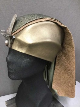 N/L, Lt Brown, Gold, Olive Green, Silver, Gray, Leather, Synthetic, Geometric, Shimmer Bronze Helmet W/gray, Brass Texture and 2 Tone Olive Rectangle Print/ribbed Vail on Top W/metal Abstract Piece Front Forehead, Lacing Elastic String Back.