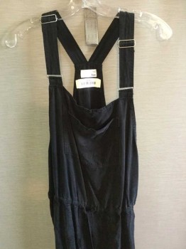 WILFRED FREE, Black, Rayon, Solid, Overalls with Adjustable Shoulder Straps, Drawstring Waist, Patch Pocket Center Front,