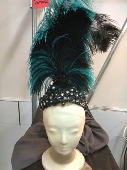 N/L, Black, Turquoise Blue, Feathers, Beaded, Beaded & Rhinestone Headband with Big Plume of Turquoise & Black Feathers