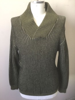 PEBBLE BEACH, Olive Green, Black, Cream, Wool, Acrylic, Speckled, Birds Eye Weave, Olive, Black and Cream Speckled/Dotted Weave, Long Sleeves, Solid Olive Ribbed Shawl Collar and Cuffs,