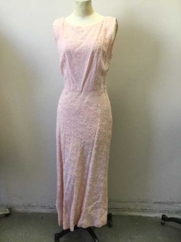 FOX123, Pink, Cream, Poly/Cotton, Floral, Jewel Neckline, Sleeveless Fitted Dress. Zip at Side Seam. Length to Floor. Pink with Cream Floral Embroidery,