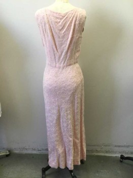 FOX123, Pink, Cream, Poly/Cotton, Floral, Jewel Neckline, Sleeveless Fitted Dress. Zip at Side Seam. Length to Floor. Pink with Cream Floral Embroidery,
