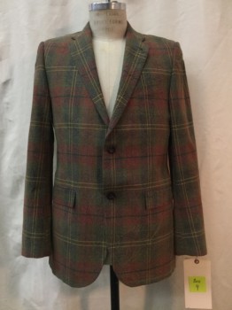 NO LABEL, Brown, Rust Orange, Black, Green, Yellow, Cotton, Plaid, Notched Lapel, 2 Buttons,