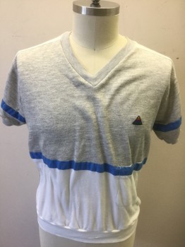 HONORS SPORT, Heather Gray, White, French Blue, Acrylic, Polyester, Color Blocking, Gray Top Half, White Bottom Half and Shoulder Stripes, Short Sleeves, French Blue Accent Stripe Across Waist and Sleeves, Sweatshirt Weight, V-neck, Rainbow Triangle Patch at Chest, 1 Pocket at Side Front with Snap Closure,