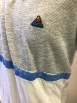 HONORS SPORT, Heather Gray, White, French Blue, Acrylic, Polyester, Color Blocking, Gray Top Half, White Bottom Half and Shoulder Stripes, Short Sleeves, French Blue Accent Stripe Across Waist and Sleeves, Sweatshirt Weight, V-neck, Rainbow Triangle Patch at Chest, 1 Pocket at Side Front with Snap Closure,