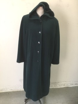 KRISTEN BLAKE, Dk Green, Wool, Acrylic, Solid, Heavy Wool, Long Sleeves, Single Breasted, 5 Buttons, Hooded, Ankle Length, Padded Shoulders, 2 Pockets at Hips, Late 1980's/Early 1990's