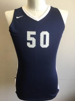 NIKE DRI FIT, Navy Blue, White, Polyester, Color Blocking, Navy with White V-neck, White Panels at Sides with Navy Stripes, Sleeveless, "50" at Front and Back