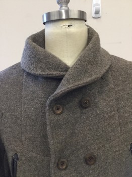 N/L, Lt Brown, Khaki Brown, Wool, Heathered, VERY HEAVY WESTERN BLANKET COAT. Shawl Collar, 8 Large Wooden Button Double Breasted Front, 4 Pockets with Leather Openings. Belt Strap at Back Waist. Repair Detail at Center Back, Left Shoulder and Front Right Shoulder See Photos for Close Up,