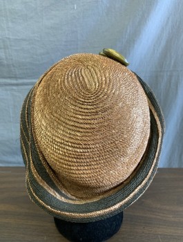 N/L, Brown, Black, Straw, Stripes, Cloche, Striped Brim, Solid Crown, 3 Large Olive Oval Bakelite Buttons at Side, Black Silk Lining,