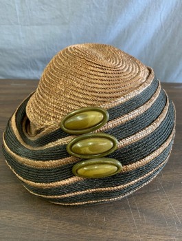 N/L, Brown, Black, Straw, Stripes, Cloche, Striped Brim, Solid Crown, 3 Large Olive Oval Bakelite Buttons at Side, Black Silk Lining,