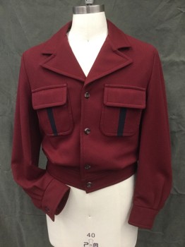 JONNY CARSON, Wine Red, Polyester, Solid, Twill, 2 Patch Pockets with Flaps and Black Inlay Vertical Stripe at Pocket, 4 Button Closure Center Front, Lining White with Red and Navy Polka Dot Print