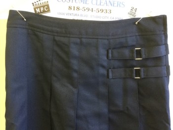 FRENCH TOAST, Navy Blue, Polyester, Solid, 1.5" Waistband, Top Stitch Pleat, 2 Short Straps with Rectangle Metal Attached Near Side Zip, Attached Shorts Inside Skirt