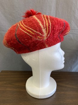 NL, Cranberry Red, Cream, Yellow, Gray, Mohair, Abstract , Stripes, Hand Knit Faded cranberry Red , Tam Style Hat , with Straight Hair Pom on Top , Repeated Three Line Overstitched  Wave Pattern  in Two Colors ,creme and Yellow ,with 5  Vertical Even Spaced Creme Lines and 5 Even Spaced Gray Lines Creating Sectional Illusion, Design Creates a 5 Point Star When Viewed From the Top .