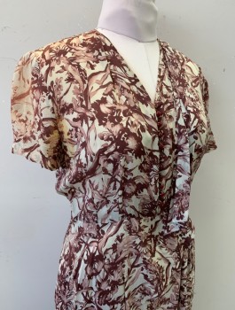 MARTHA MANNING, Beige, Sienna Brown, Silk, Floral, Short Sleeves, V-neck, Tiny Brown Buttons with Loop Closures at Center Front, Asymmetric Peplum Waist, Self Tie Bow at Left Shoulder, Mid Calf Length, *Stained at Underarms, Bad Shoulder Burn