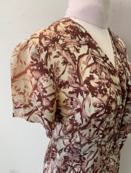 MARTHA MANNING, Beige, Sienna Brown, Silk, Floral, Short Sleeves, V-neck, Tiny Brown Buttons with Loop Closures at Center Front, Asymmetric Peplum Waist, Self Tie Bow at Left Shoulder, Mid Calf Length, *Stained at Underarms, Bad Shoulder Burn