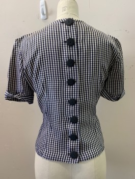 MTO, Navy Blue, White, Acetate, Gingham, Round Neck, Cuffed S/S, 2 Black Bows on Front, 8 Large Black Buttons Down Back *Slight Fading and Sun Damage*