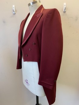 After Six, Red Burgundy, Polyester, Wool, Solid, Hotel Jacket, L/S, 6 Buttons, Peaked Lapel, Back Tail with Vent