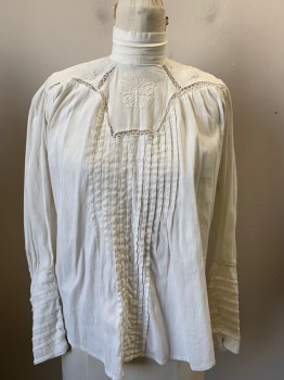 MTO, Off White, Cotton, Solid, Long Sleeves, Front and Cuff Pleat Detail, Butterflies Embroidery, High Neck, Pearl Buttons Center Back, Mended See Detail Photo,
