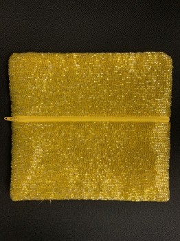 MOYNA, Yellow, Beaded, Solid, Folded Square, Zip Closure, Clutch
