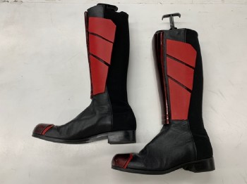 NO LABEL, Red, Dk Red, Black, Polyester, Synthetic, Abstract , Boots, Slip On, Shin And Toe Cap Guard, Red Blocks, Made To Order