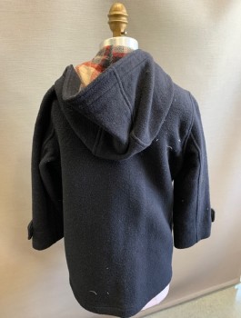 ZARA KIDS, Navy Blue, Polyester, Wool, Solid, Boys, Thick Fabric, 3 Brown Faux Leather & Wood Toggles/Closures, Zip Front, Hooded, Plaid Lining, 2 Pockets