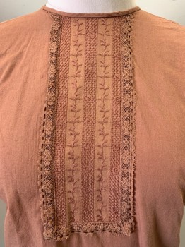 NO LABEL, Brown, Cotton, Solid, S/S, Crew Neck, Embroiderred Stripe Detail with Lace Trim, Back Buttons, Faded Shoulders