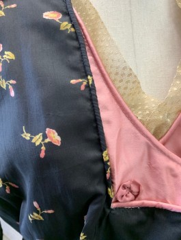 N/L, Black, Pink, Sage Green, Cream, Silk, Cotton, Floral, Chintz, 3/4 Sleeves, Ecru Dotted Lace Trim at Neckline and Cuffs, V-Neck, Peplum Waist, Light Pink Satin Piping Throughout, Condition is Good