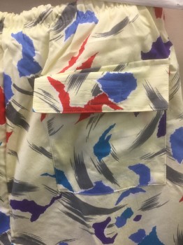 GABRIELLE, Butter Yellow, Red, Blue, Purple, Gray, Poly/Cotton, Abstract , With Radical Colorful Shapes, Drawstring and Elastic Waist, 1 Back Pocket, 6" Inseam,