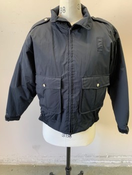 FLYING CROSS, Black, Nylon, Solid, Law Enforcement Cold Weather Jacket, Zip Front, 2 Large Patch Pockets With Flap, Silver Button, Epaulettes At Shoulders, Loop On Chest For Badge, Multiples, **Has Removable Liner, Barcode Is On Liner