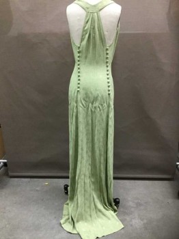 N/L, Lime Green, Gold, Metallic, Silk, Abstract , Gold Metallic Dotted Pattern, Halter V-neck, Gathered Bust, 2 Columns Of Self Covered Buttons In Back,  Floor Length Hem, Made To Order 1930's Reproduction