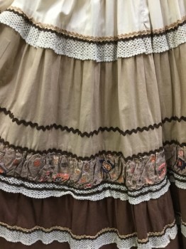 MTO, Cream, Lt Brown, Brown, Ecru, Pink, Cotton, Color Blocking, Floral, Dirdle, Back Zipper, Tiered Ruffles, with Rickrack Applique, and Lace, Below Knee